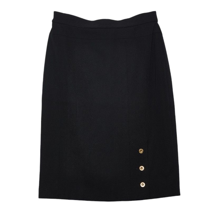 Chanel Coco Mark Gold Button Setup Jacket Skirt Size 38 Black Wool Silk Women's