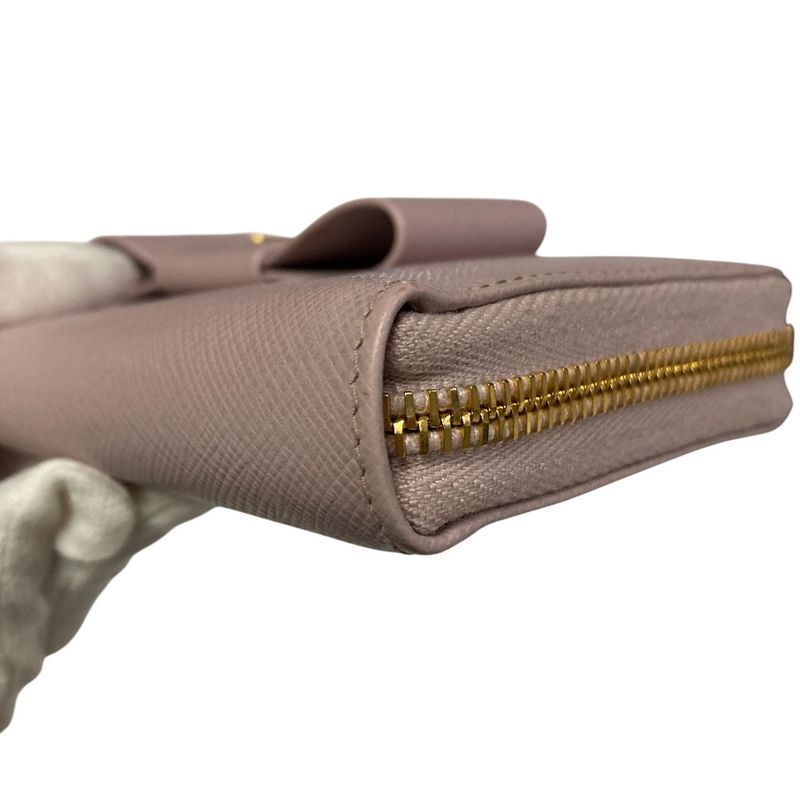 Prada Ribbon Saffiano Leather Round Zipper Long Wallet 1ml506 Pink Ladies Used