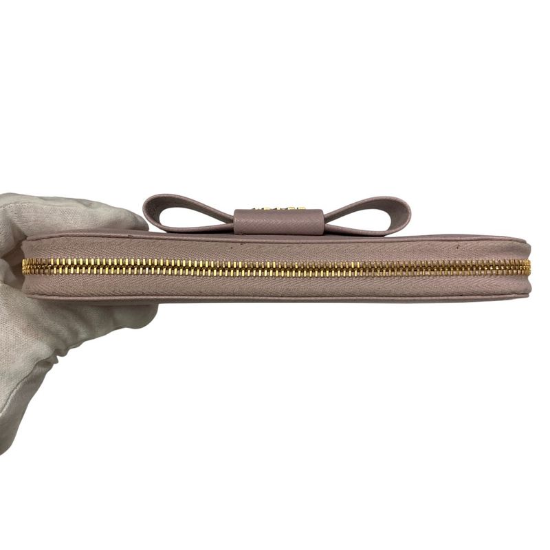 Prada Ribbon Saffiano Leather Round Zipper Long Wallet 1ml506 Pink Ladies Used