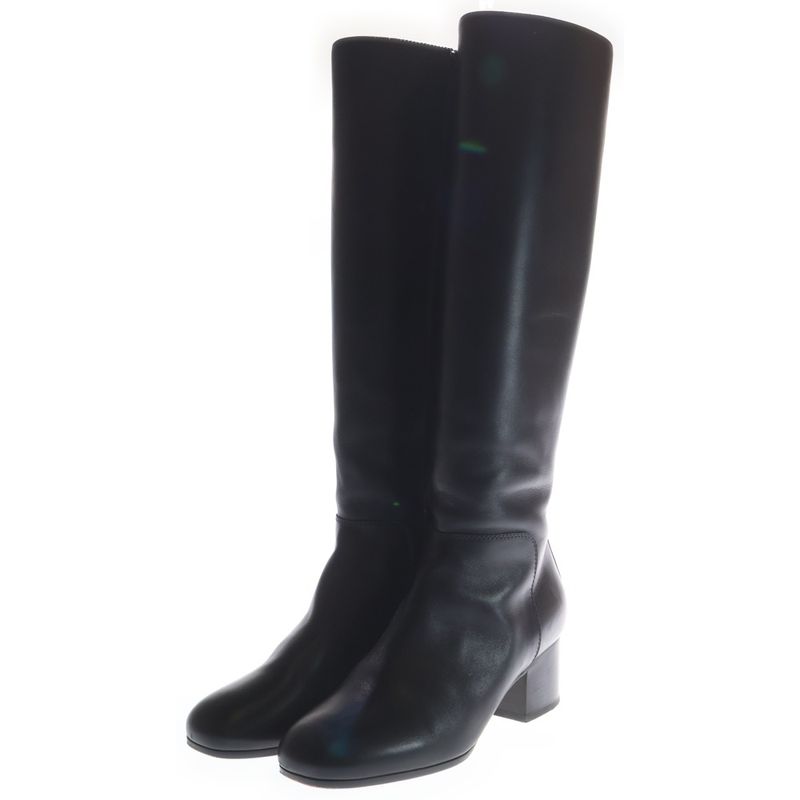 Hermes Plain Toe Side Zip Leather Long Boots Black Women's
