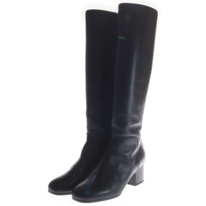 Hermes Plain Toe Side Zip Leather Long Boots Black Women's