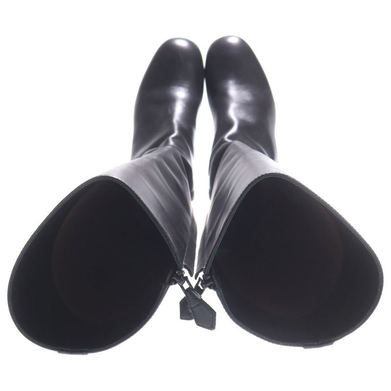Hermes Plain Toe Side Zip Leather Long Boots Black Women's