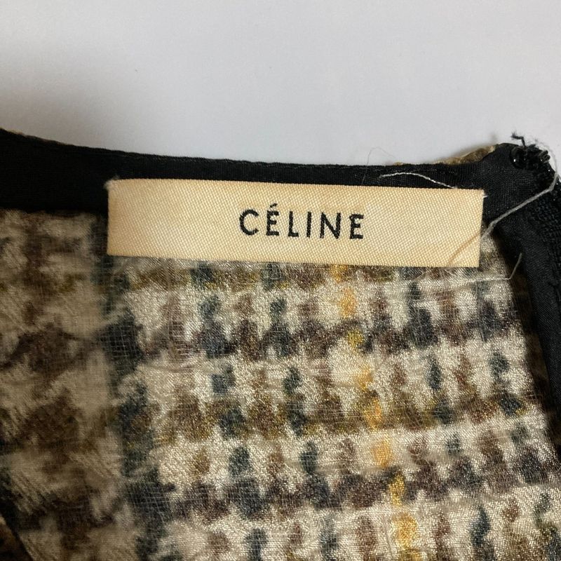Celine Phoebe Period Check Transfer Print Silk Mini Dress Size 40 Brown Beige