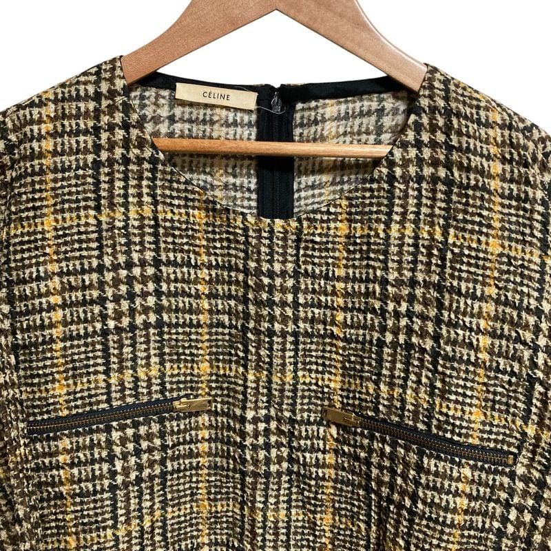 Celine Phoebe Period Check Transfer Print Silk Mini Dress Size 40 Brown Beige