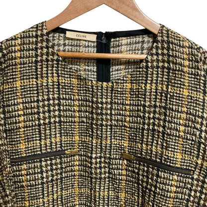 Celine Phoebe Period Check Transfer Print Silk Mini Dress Size 40 Brown Beige