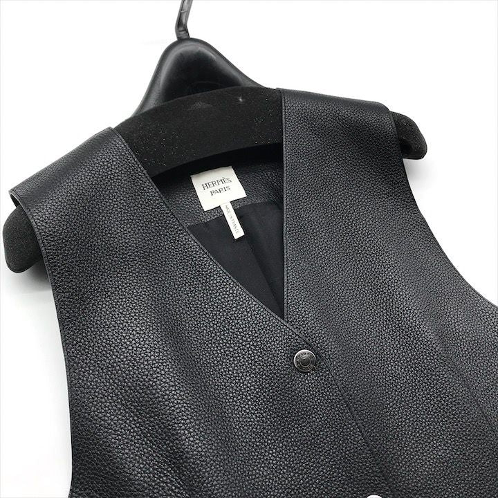Hermes Deerskin Series Button Long Vest Gilet Leather Top Black