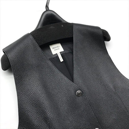 Hermes Deerskin Series Button Long Vest Gilet Leather Top Black