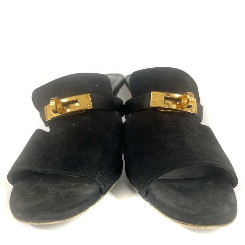 Hermes Cute Chevre Velor Mule Sandals Comfort Heel Kelly Hardware 36 Black JS •