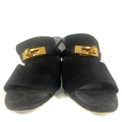 Hermes Cute Chevre Velor Mule Sandals Comfort Heel Kelly Hardware 36 Black JS •