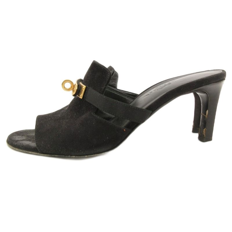 Hermes Cute Chevre Velor Mule Sandals Comfort Heel Kelly Hardware 36 Black JS •