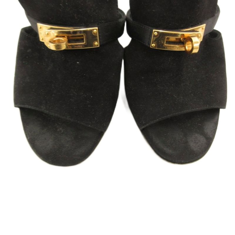 Hermes Cute Chevre Velor Mule Sandals Comfort Heel Kelly Hardware 36 Black JS •