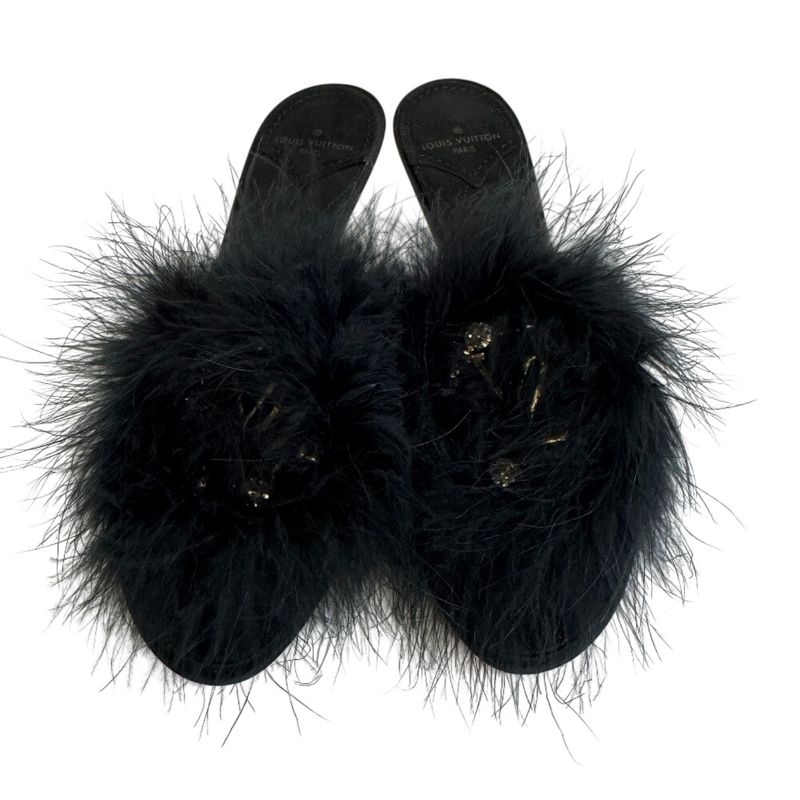 Louis Vuitton Fur Bijou Marilyn LV Logo Sandals Black Ladies