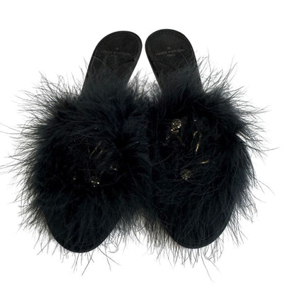 Louis Vuitton Fur Bijou Marilyn LV Logo Sandals Black Ladies