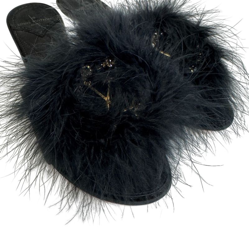 Louis Vuitton Fur Bijou Marilyn LV Logo Sandals Black Ladies