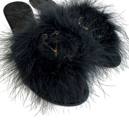 Louis Vuitton Fur Bijou Marilyn LV Logo Sandals Black Ladies