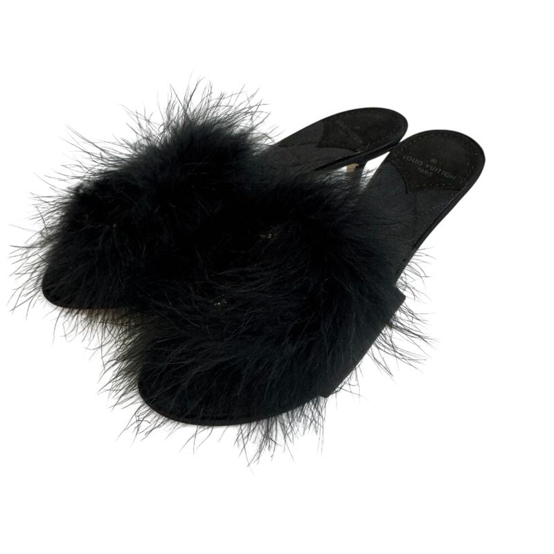 Louis Vuitton Fur Bijou Marilyn LV Logo Sandals Black Ladies