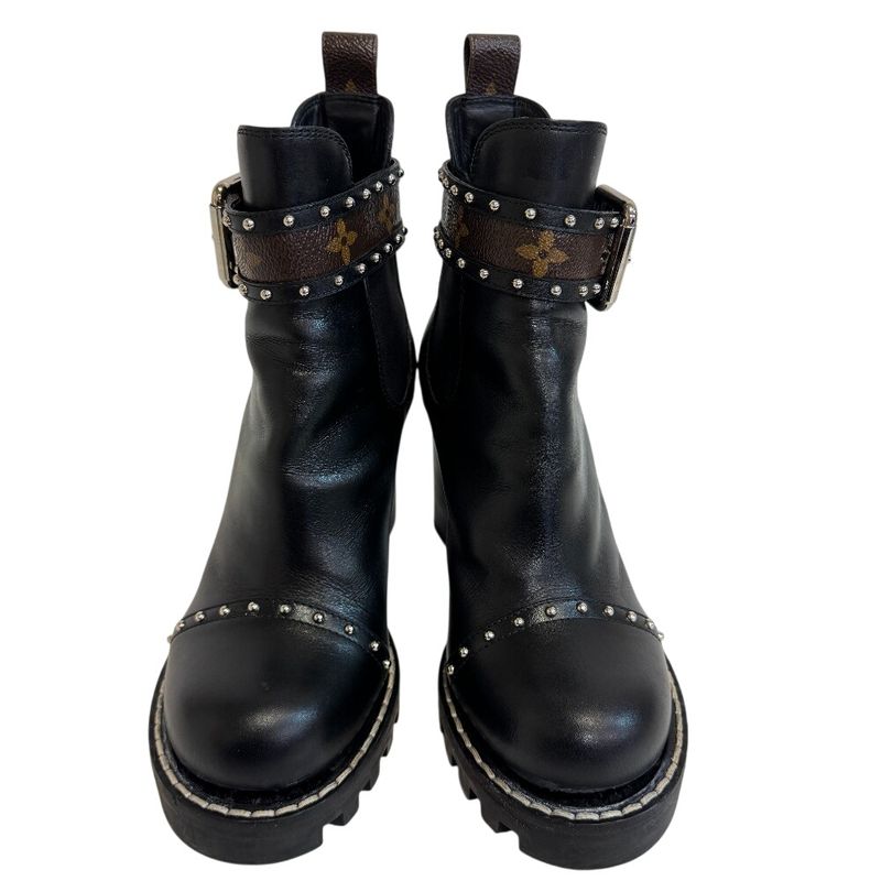Louis Vuitton Studded Belt Side Gore Boots Star Trail Line Boots Black Ladies