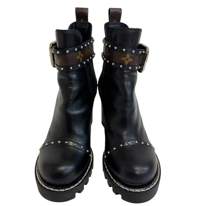 Louis Vuitton Studded Belt Side Gore Boots Star Trail Line Boots Black Ladies