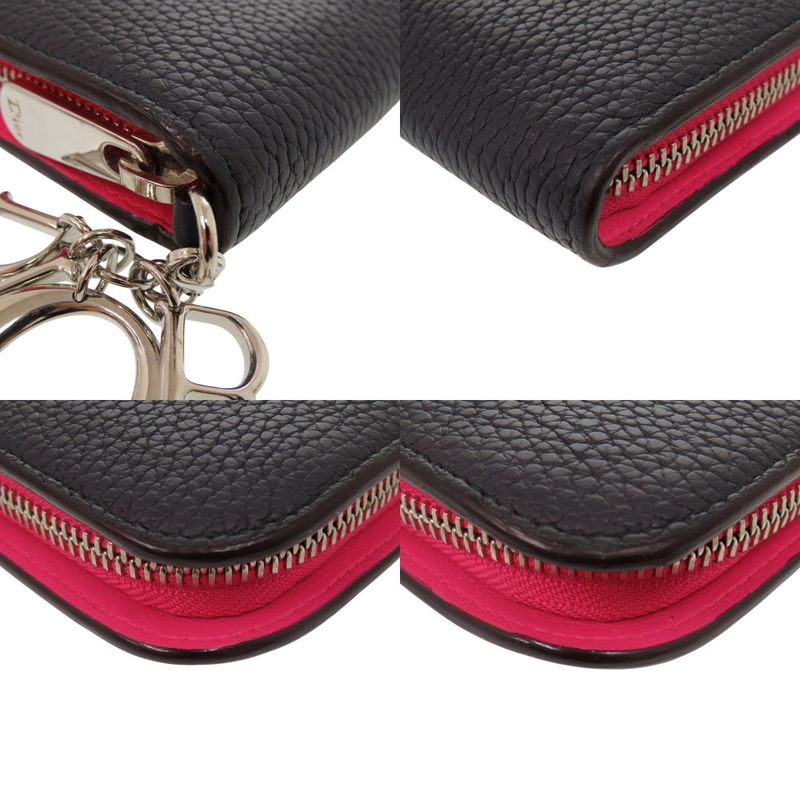 Christian Diorissimo Round Zipper-leather Black Pink Long Wallet Black 0232