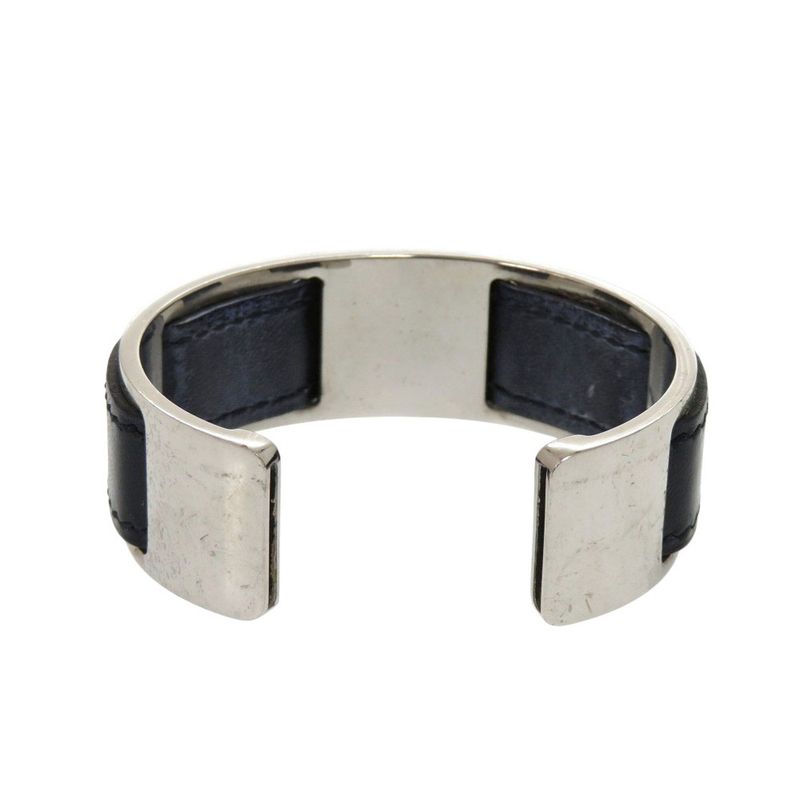 HERMES Bangle Leather Metal Silver-black Bracelet Black 0128 HERMES
