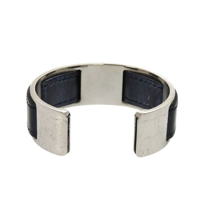 HERMES Bangle Leather Metal Silver-black Bracelet Black 0128 HERMES