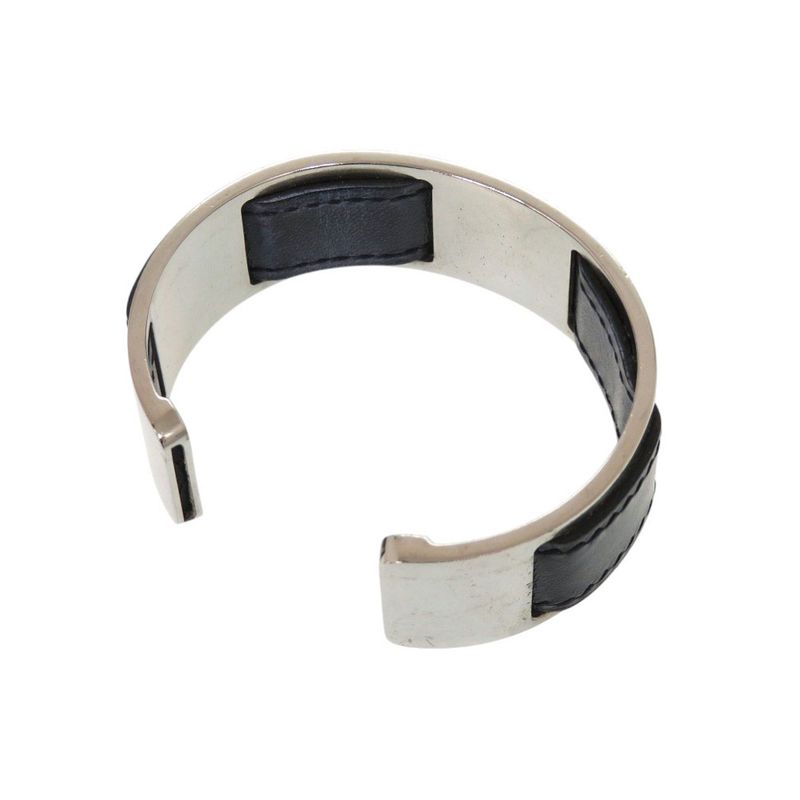 HERMES Bangle Leather Metal Silver-black Bracelet Black 0128 HERMES
