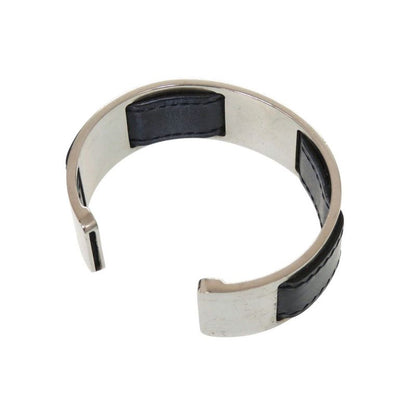 HERMES Bangle Leather Metal Silver-black Bracelet Black 0128 HERMES