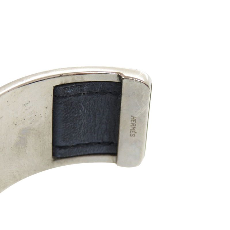 HERMES Bangle Leather Metal Silver-black Bracelet Black 0128 HERMES