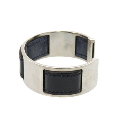 HERMES Bangle Leather Metal Silver-black Bracelet Black 0128 HERMES