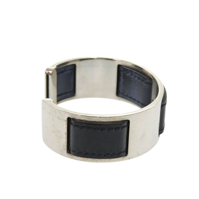 HERMES Bangle Leather Metal Silver-black Bracelet Black 0128 HERMES