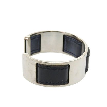 HERMES Bangle Leather Metal Silver-black Bracelet Black 0128 HERMES