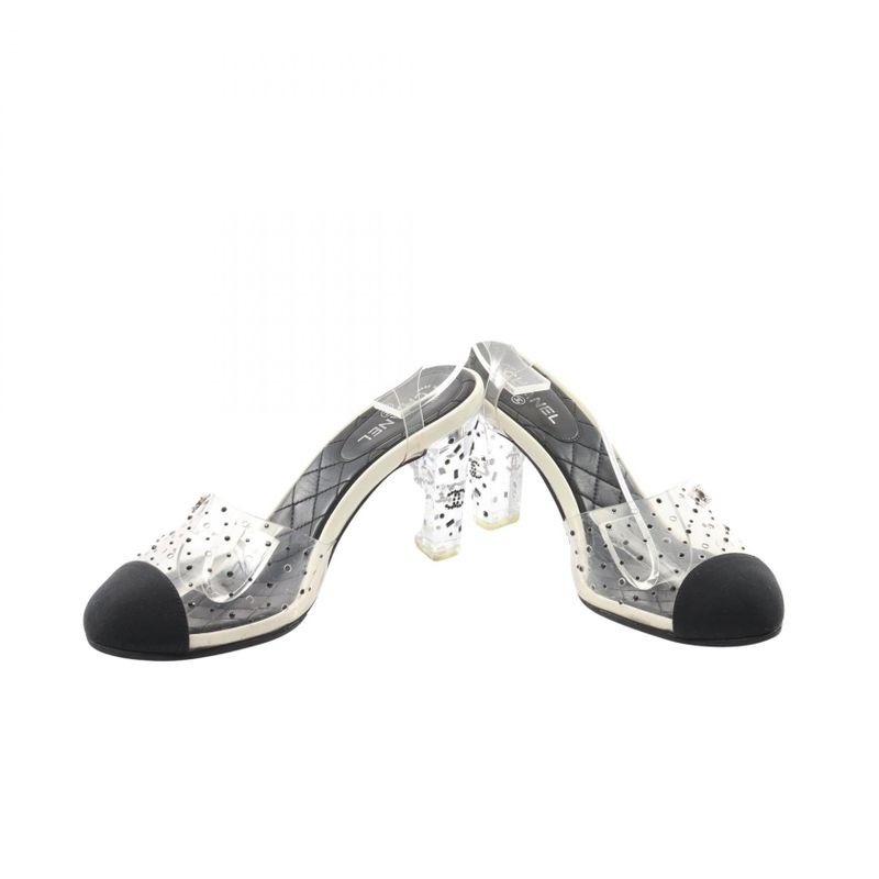 CHANEL Sandals Coco Mark Rhinestone Black PVC Coating Canvas Sandals Women's