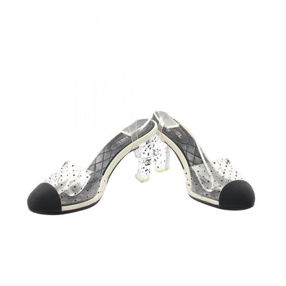 CHANEL Sandals Coco Mark Rhinestone Black PVC Coating Canvas Sandals Women's