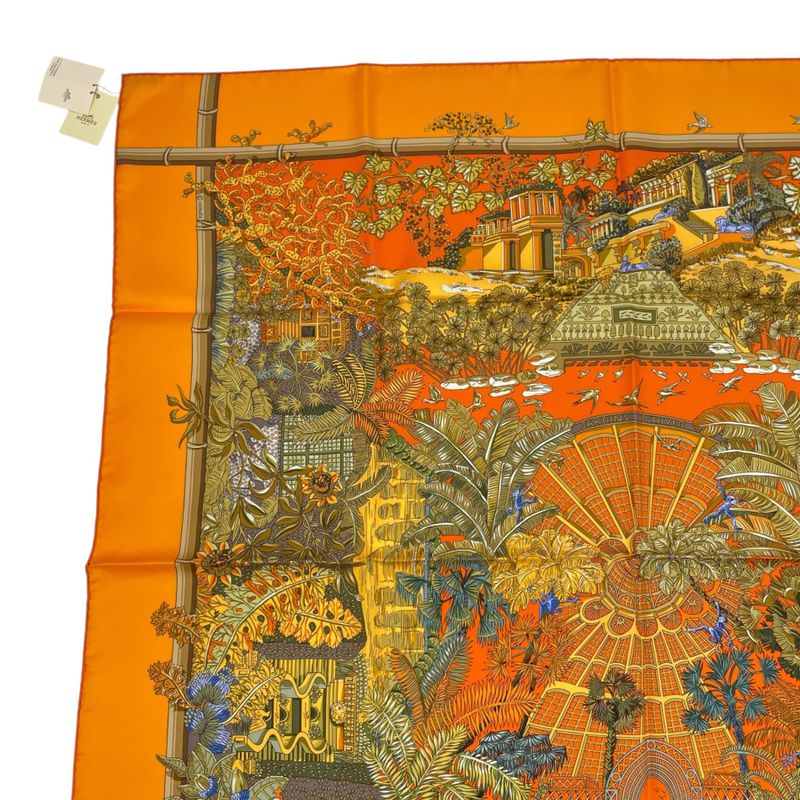 HERMES Scarf Carre 90 Jardins D'hiver Winter Garden 100% Silk Orange