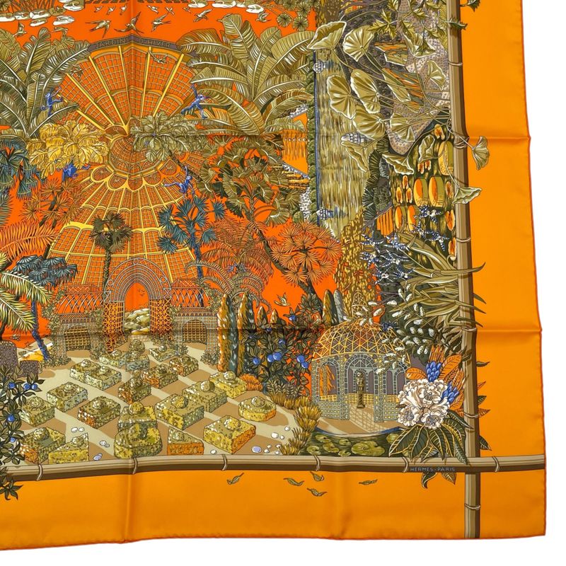 HERMES Scarf Carre 90 Jardins D'hiver Winter Garden 100% Silk Orange