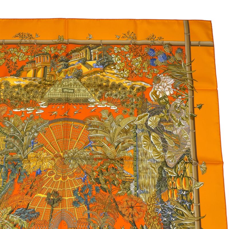 HERMES Scarf Carre 90 Jardins D'hiver Winter Garden 100% Silk Orange