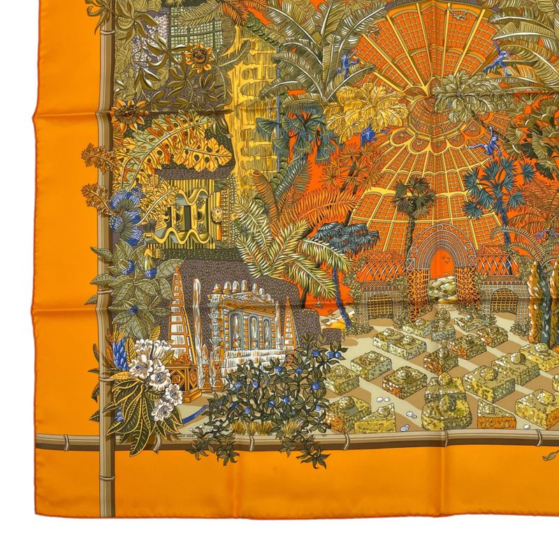 HERMES Scarf Carre 90 Jardins D'hiver Winter Garden 100% Silk Orange