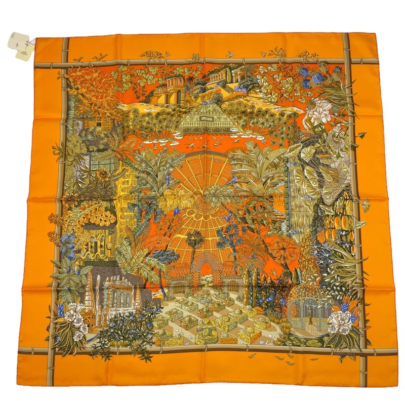 HERMES Scarf Carre 90 Jardins D'hiver Winter Garden 100% Silk Orange