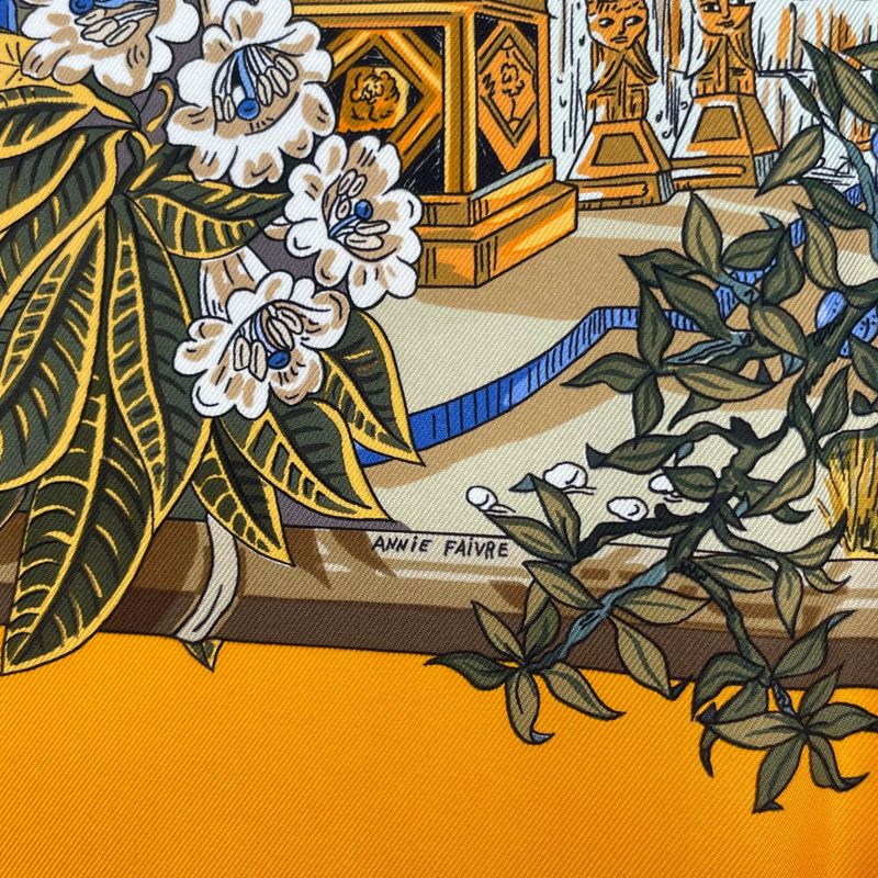 HERMES Scarf Carre 90 Jardins D'hiver Winter Garden 100% Silk Orange