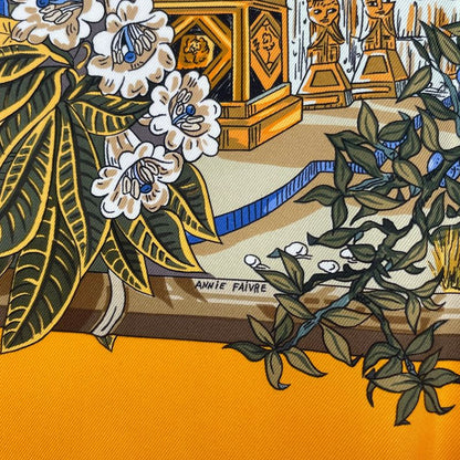 HERMES Scarf Carre 90 Jardins D'hiver Winter Garden 100% Silk Orange
