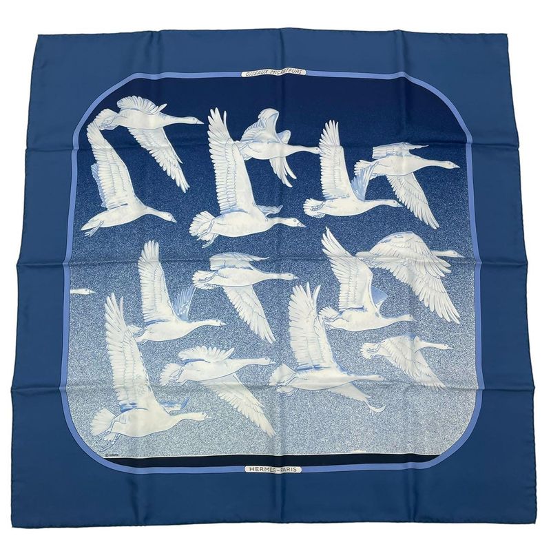 HERMES Carre 90 Scarf Migratory Bird 100% Silk Blue