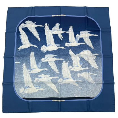 HERMES Carre 90 Scarf Migratory Bird 100% Silk Blue