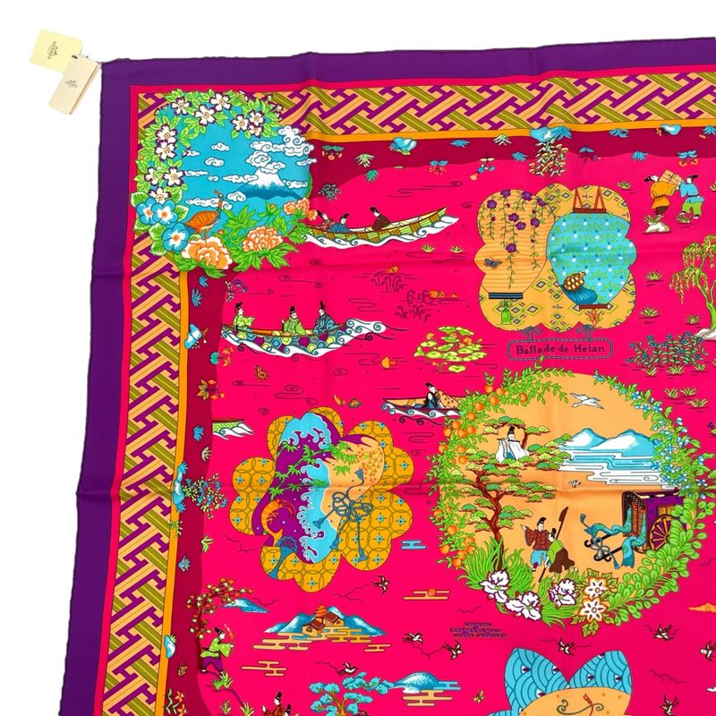 HERMES Carre 90 Large Scarf 100% Silk Ballade De Heian In The Garden Of Heian