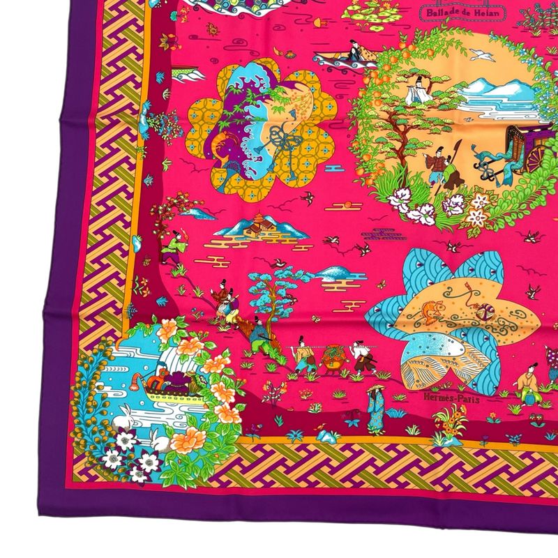 HERMES Carre 90 Large Scarf 100% Silk Ballade De Heian In The Garden Of Heian