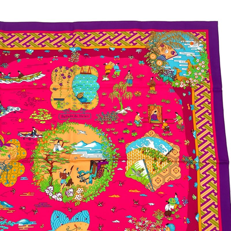 HERMES Carre 90 Large Scarf 100% Silk Ballade De Heian In The Garden Of Heian