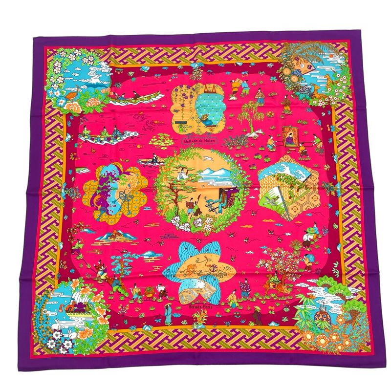 HERMES Carre 90 Large Scarf 100% Silk Ballade De Heian In The Garden Of Heian