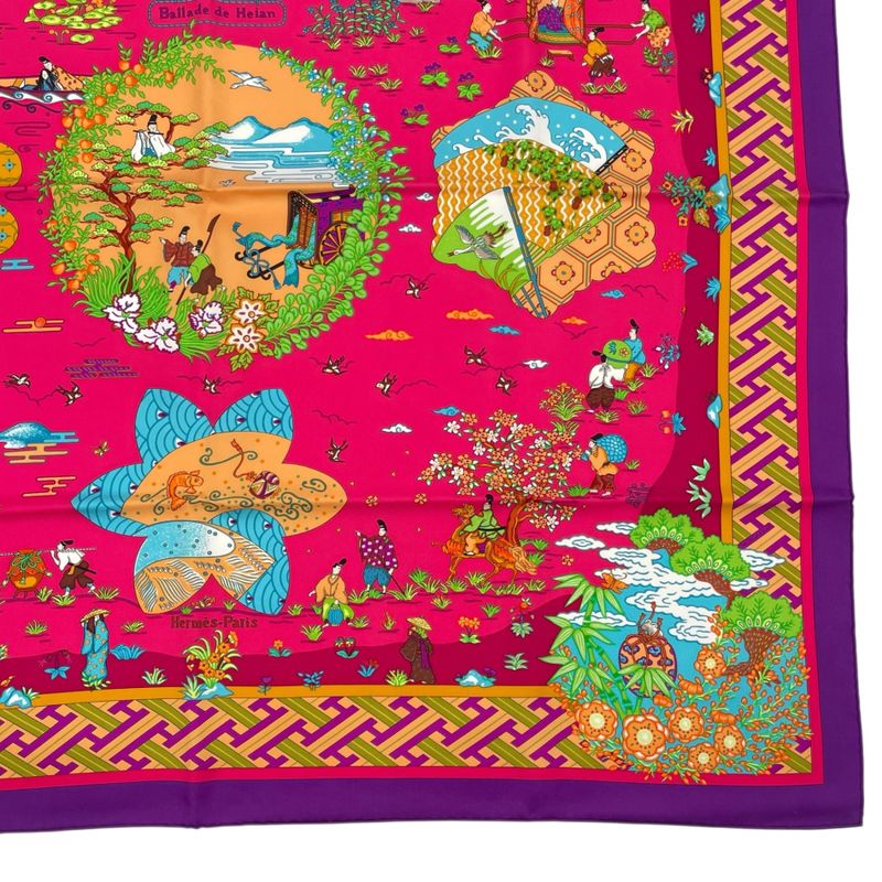 HERMES Carre 90 Large Scarf 100% Silk Ballade De Heian In The Garden Of Heian