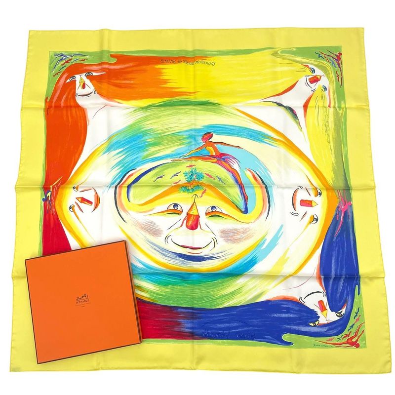 HERMES Carre 90 Smiles In Third Millenary Scarf Silk Red