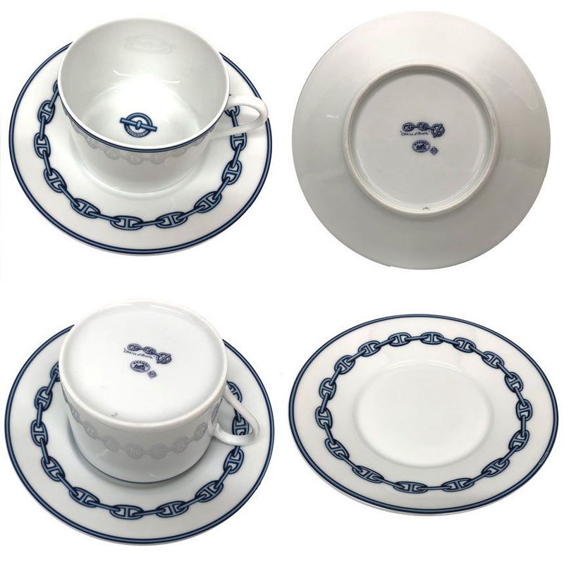 HERMES Chaine D'ancre Morning Cup & Saucer Platinum Blue Pair Set Of 2 Chaine
