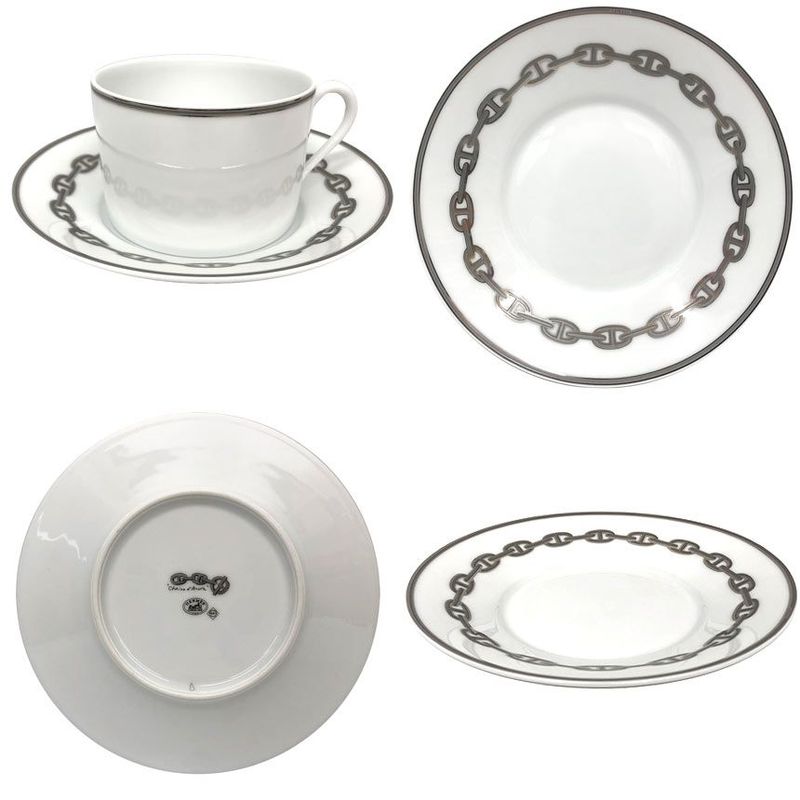 HERMES Chaine D'ancre Morning Cup & Saucer Platinum Blue Pair Set Of 2 Chaine